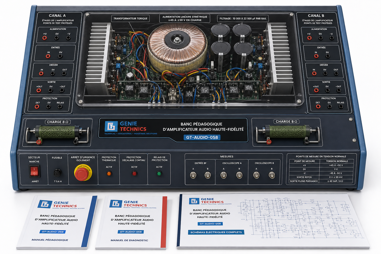 GT-AUDIO-058 — 2 × 100 W high-fidelity audio-amplifier trainer