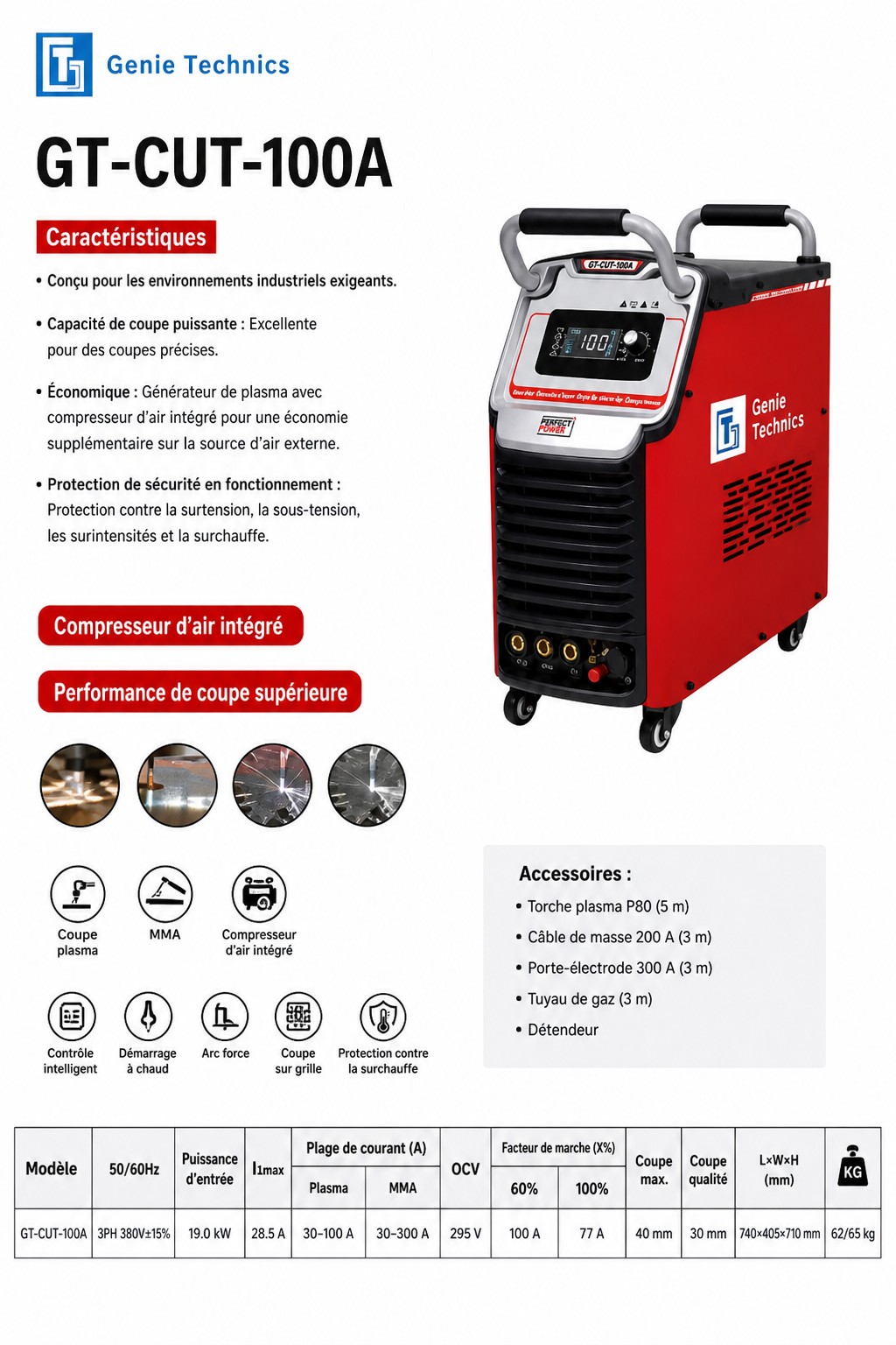 GT-CUT-100A — 100 A plasma cutter with built-in air pump and MMA — GT-CUT-100A