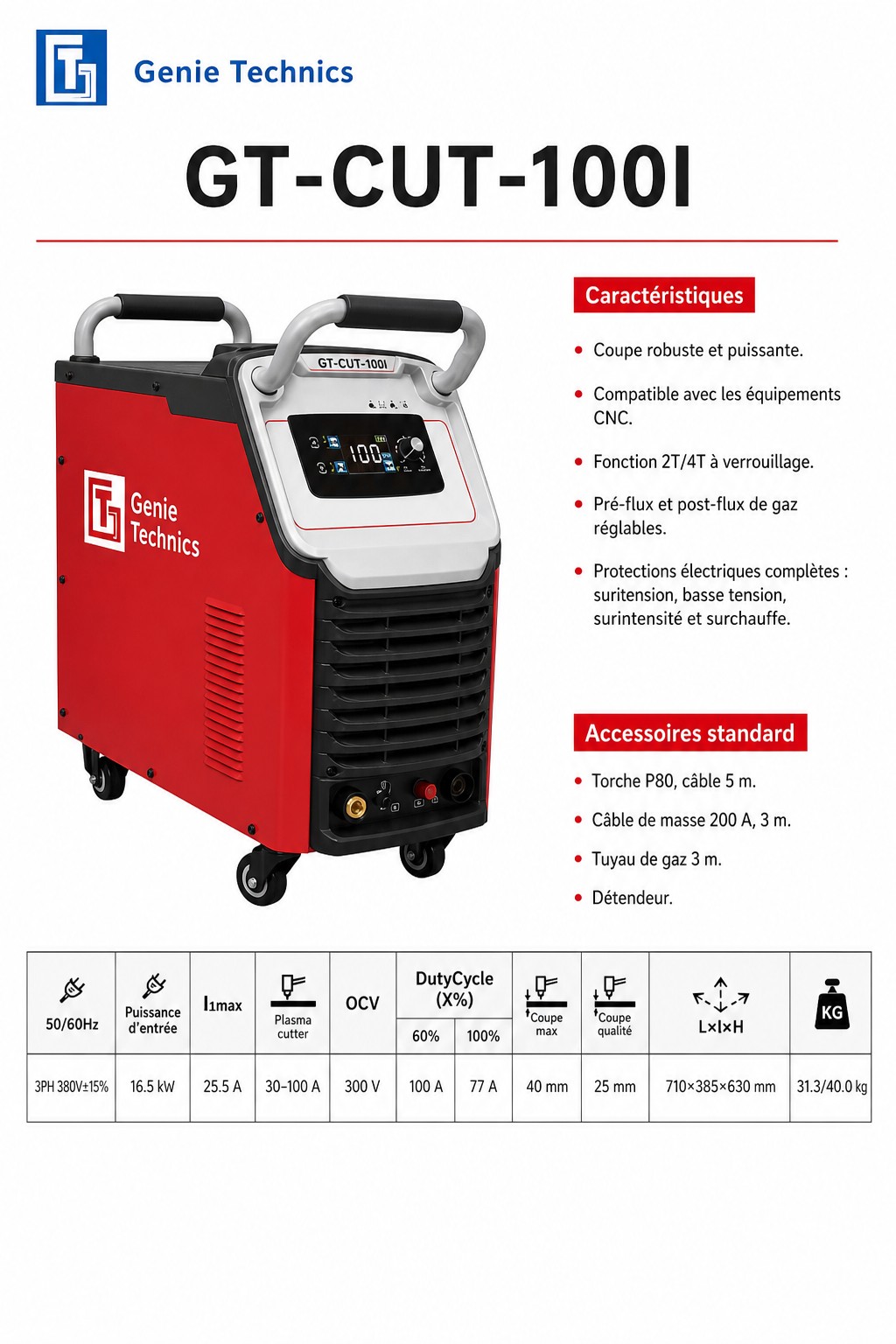 GT-CUT-100I — Découpeur plasma industriel 100 A — GT-CUT-100I