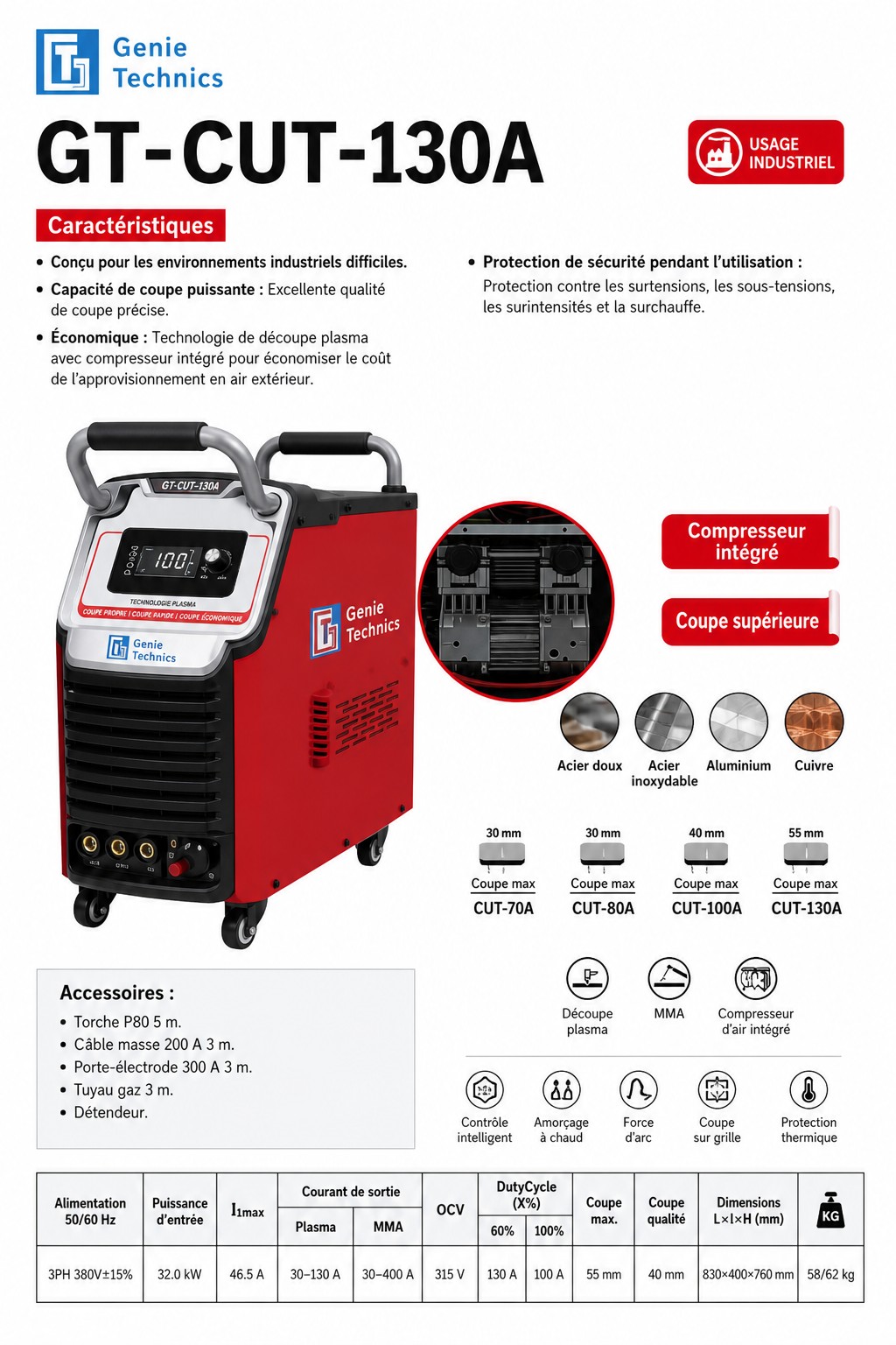 GT-CUT-130A — 130 A plasma cutter with built-in air pump and MMA — GT-CUT-130A