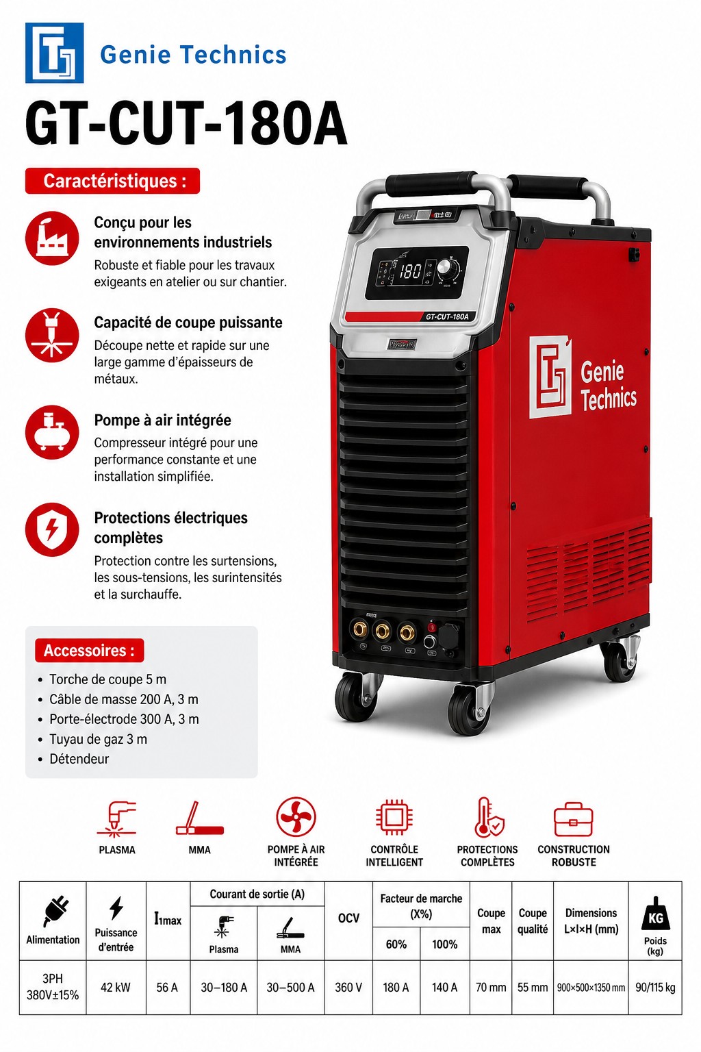 GT-CUT-180A — 180 A plasma cutter with built-in air pump and MMA — GT-CUT-180A