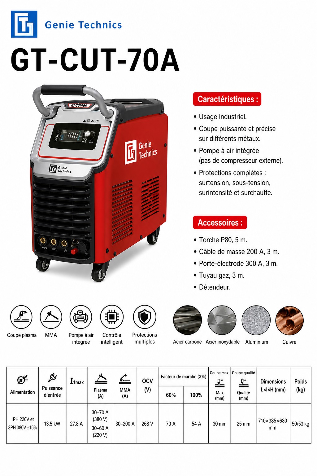 GT-CUT-70A — Découpeur plasma 70 A, pompe à air intégrée, MMA — GT-CUT-70A