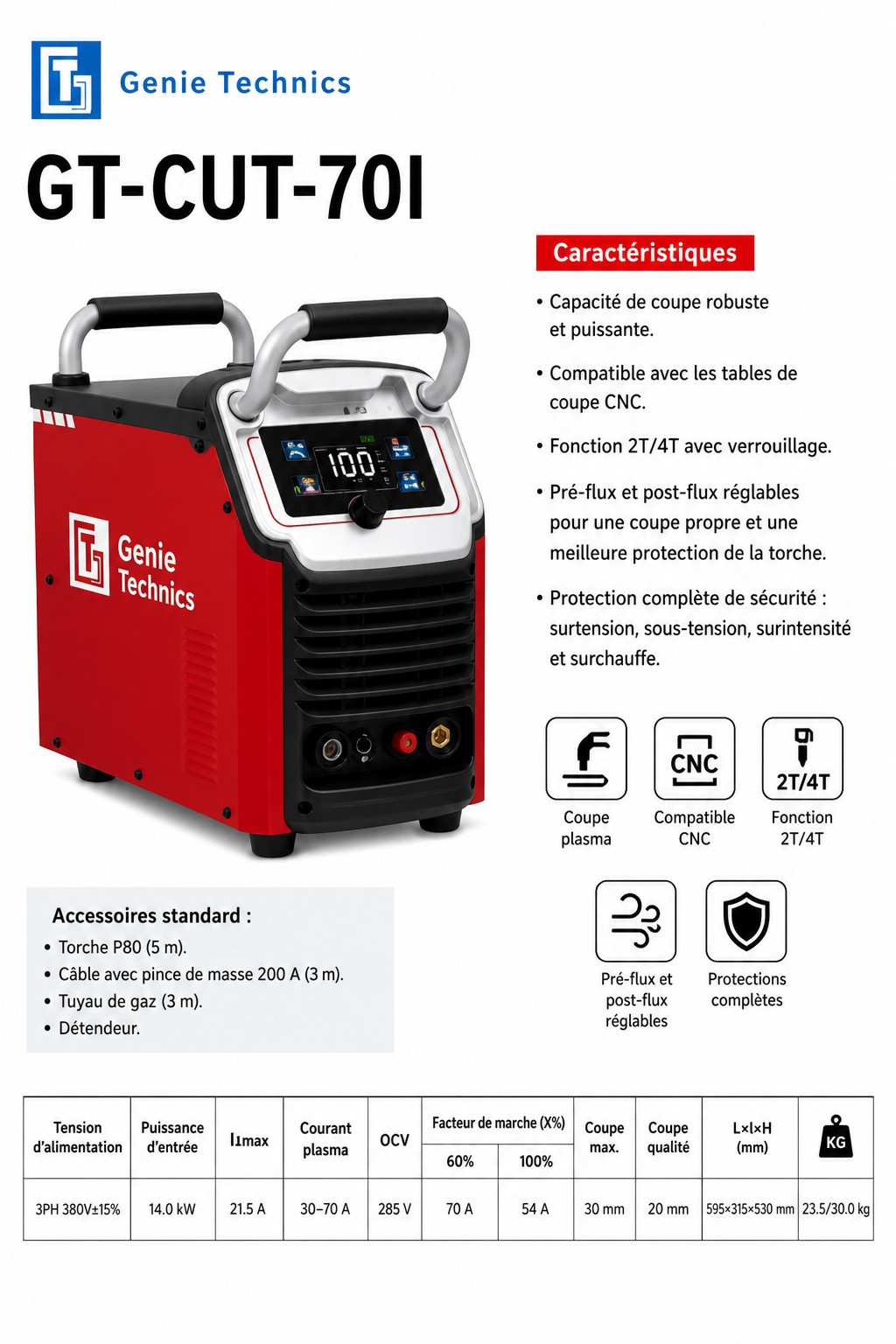 GT-CUT-70I — Découpeur plasma industriel 70 A — GT-CUT-70I