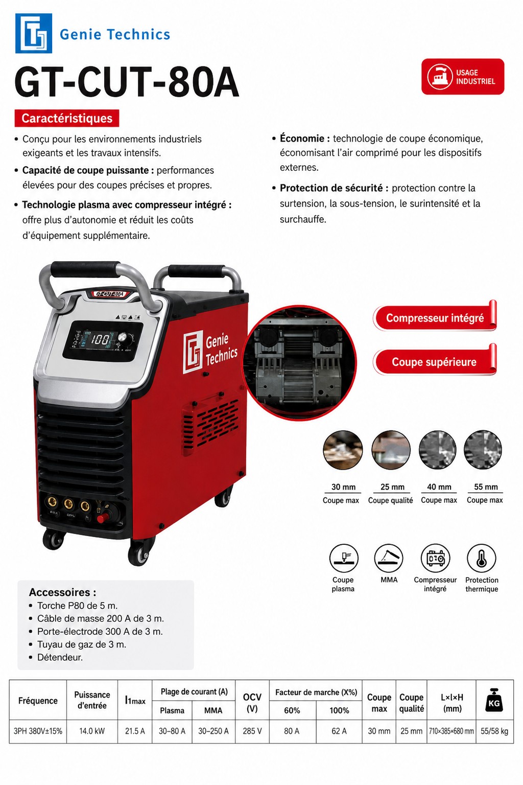 GT-CUT-80A — Découpeur plasma 80 A, pompe à air intégrée, MMA — GT-CUT-80A