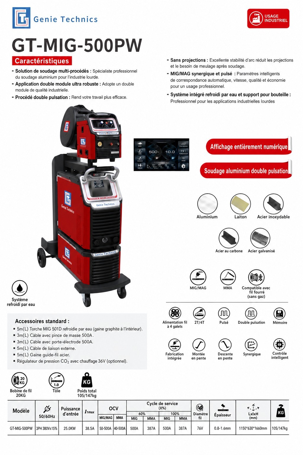 GT-MIG-500PW — Water-cooled 500 A double-pulse MIG/MAG welder — GT-MIG-500PW